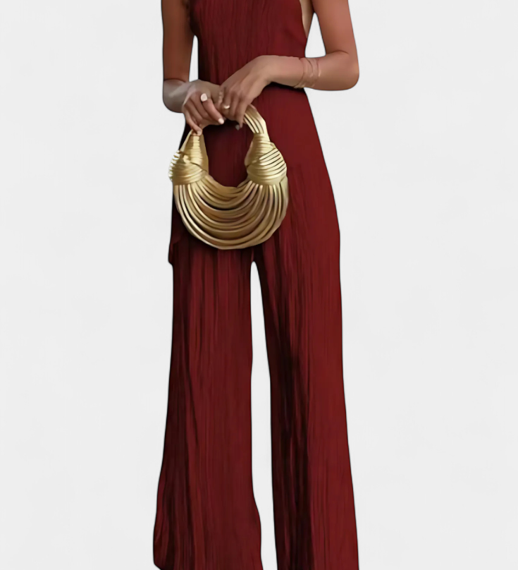 Pilarica Conjunto Plisado con Top Asimétrico Halter y Pantalón Fluido