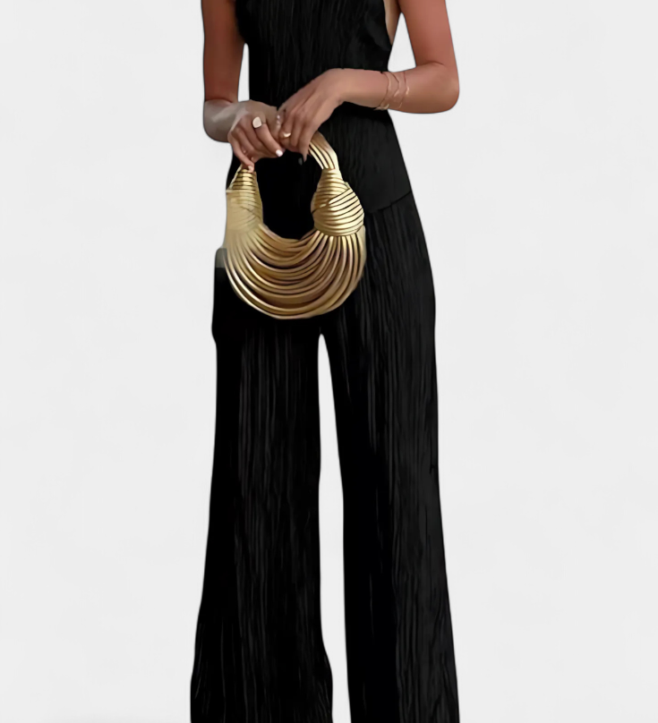 Pilarica Conjunto Plisado con Top Asimétrico Halter y Pantalón Fluido