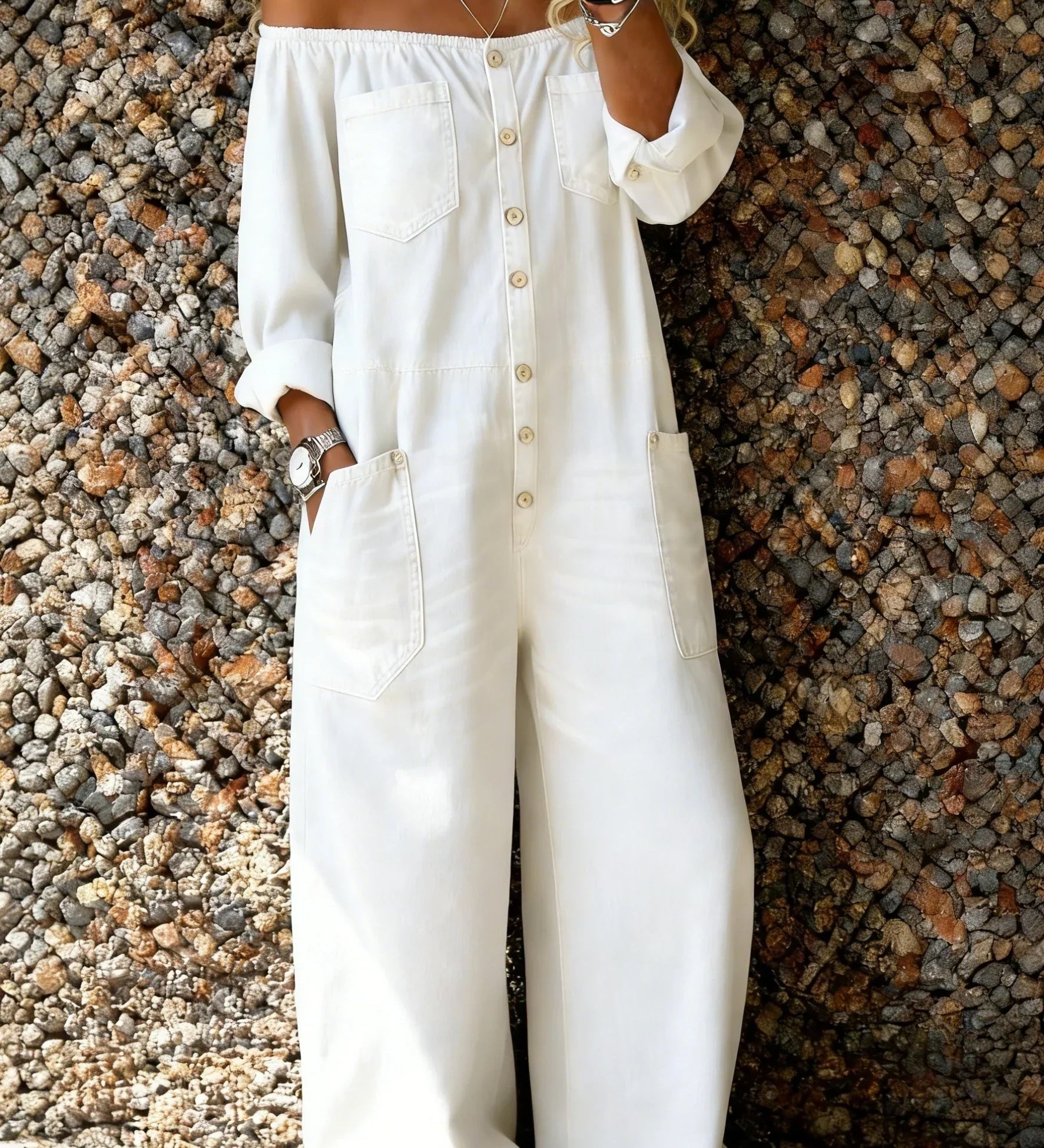 Noa | Mono de denim con escote de hombro descubierto