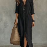 Vestido maxi bohemio negro con botones en la parte delantera