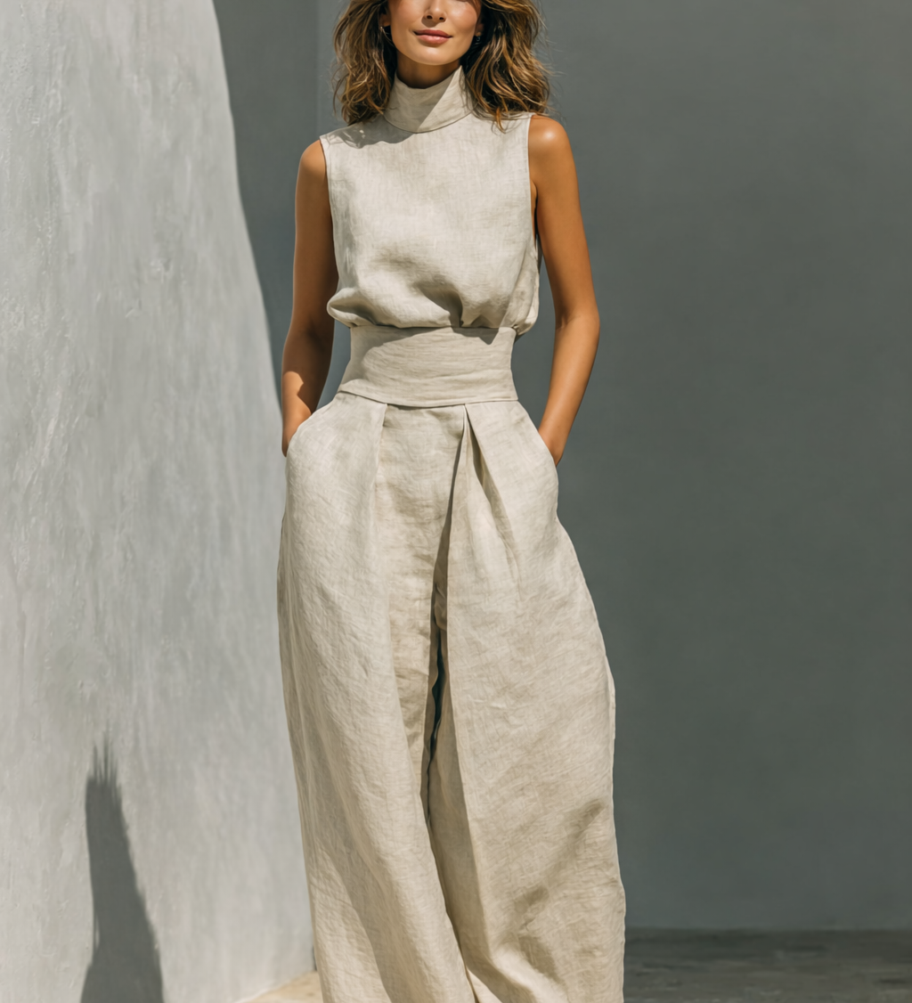 Maria™ | Conjunto de camiseta de tirantes y pantalones anchos de algodón y lino minimalista para mujer