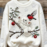 Sudadera de Franela con Impresión de Gato Navideño para Mujeres