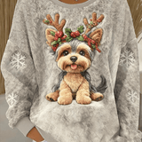 Suéter de franela casual con estampado de perro navideño adorable para mujer