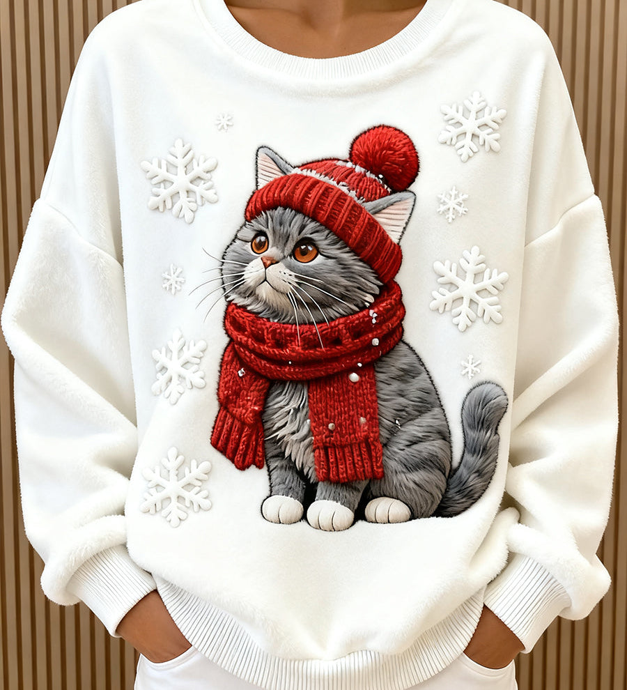 Sudadera con capucha de franela casual con impresión artística de un gato navideño para mujer