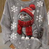Sudadera con capucha de franela casual con impresión artística de un gato navideño para mujer