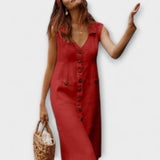Nora – Vestido de línea A de algodón y lino con escote en V
