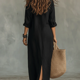 Soline™ | Vestido maxi negro holgado con botones