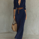 Juline™ | Vestido Maxi de aspecto gamuza con solapa
