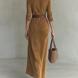 Juline™ | Vestido Maxi de aspecto gamuza con solapa