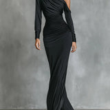 Célina™ | Vestido maxi satinado de un solo hombro en negro