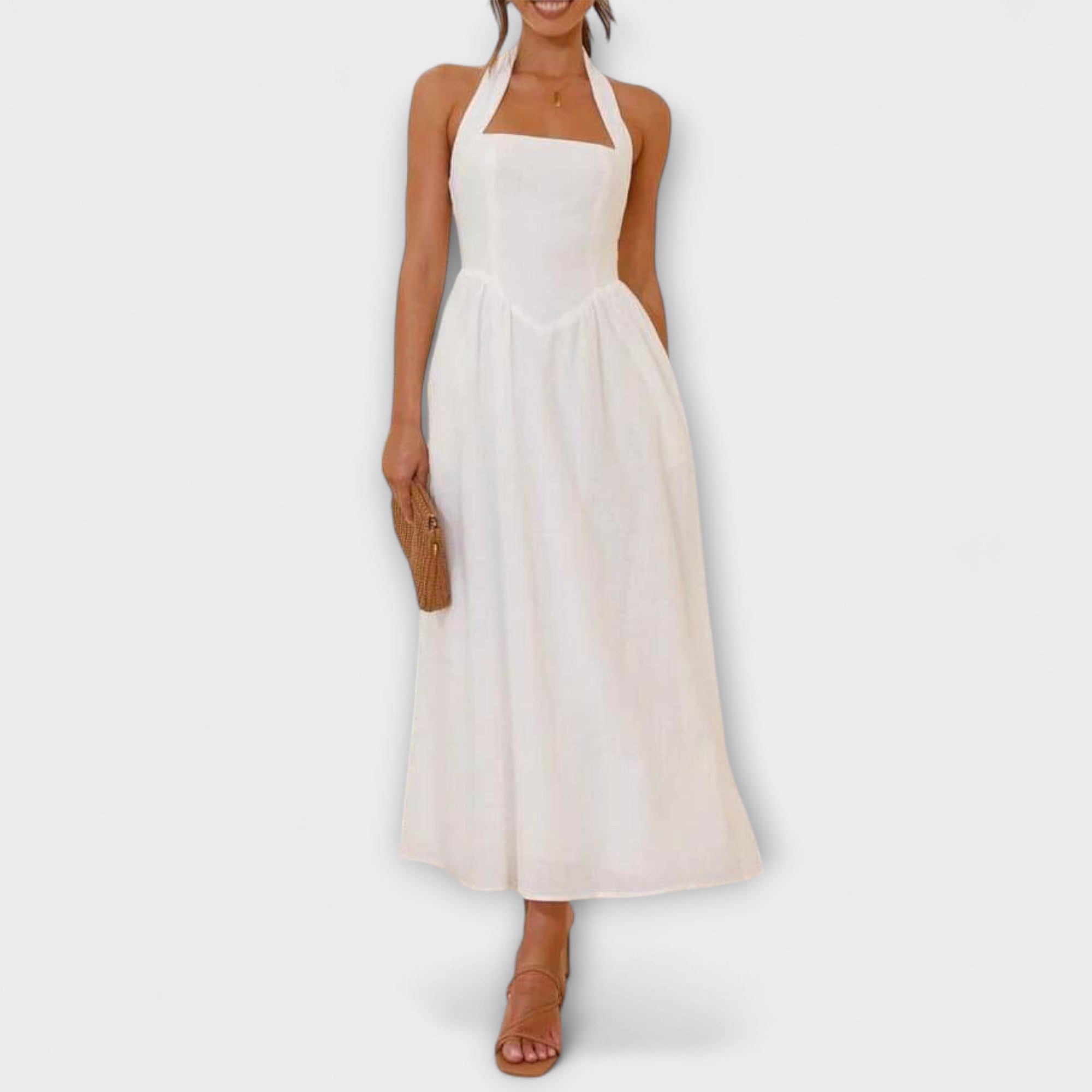 Lydia - Vestido halter negro de longitud midi con detalle en la cintura