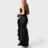 Zuri - Vestido maxi con hombros descubiertos y dobladillo asimétrico