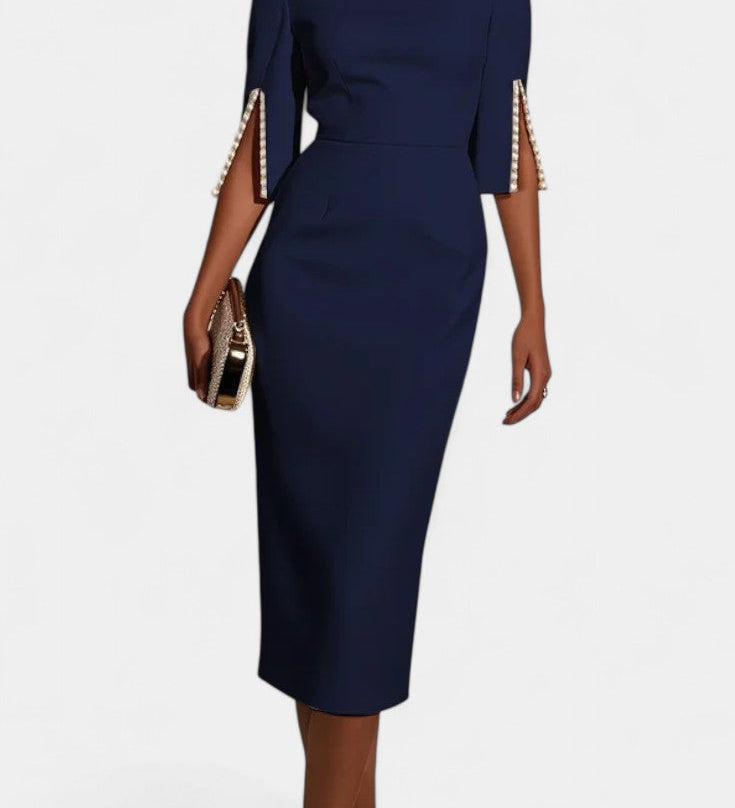 Reece Vestido Midi con Perlas y Cuello Redondo