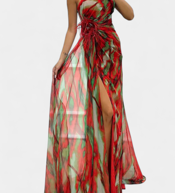 Aylin Vestido Maxi Asimétrico con Estampado Vibrante