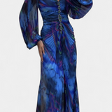 Quintessa Vestido Maxi Plisado con Mangas Largas y Estampado Vibrante