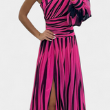 Bethania Vestido Maxí Elegante de Rayas con Un Solo Hombro