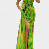 Aylin Vestido Maxi Asimétrico con Estampado Vibrante