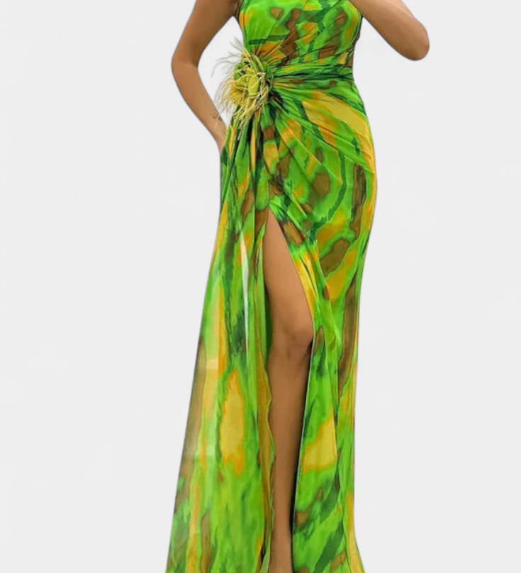 Aylin Vestido Maxi Asimétrico con Estampado Vibrante