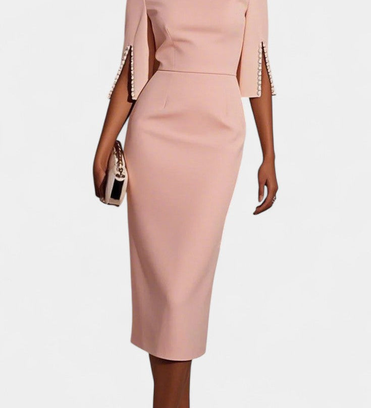 Reece Vestido Midi con Perlas y Cuello Redondo
