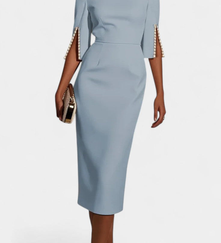 Reece Vestido Midi con Perlas y Cuello Redondo